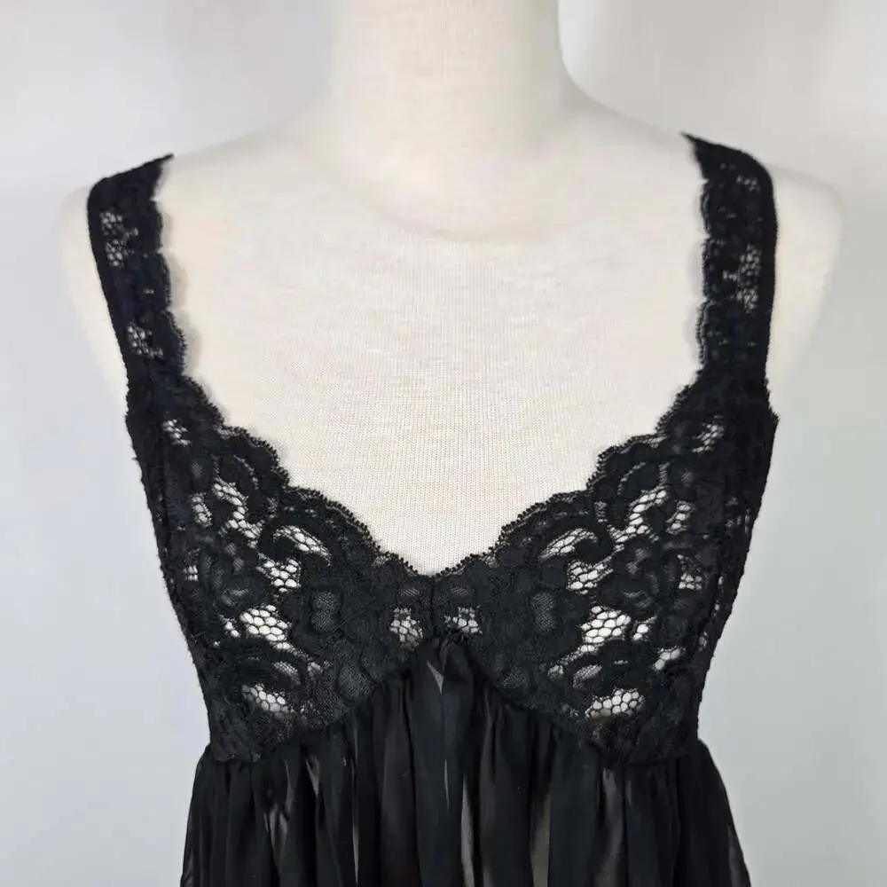 Scandale Paris Vintage Black Lace Chiffon Babydoll Mini Nightgown Lingerie Small